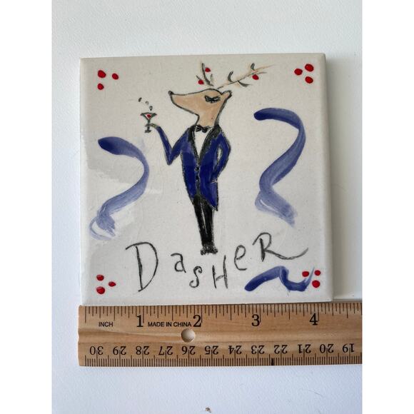 Handpainted Dasher ceramic tile, Santas reindeer, Holiday trivet - Picture 3 of 5